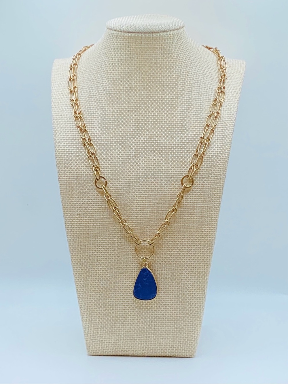 Plunder Design "Nora" Gold Layered Double Chain Lapis Blue Pendant Necklace NWOT